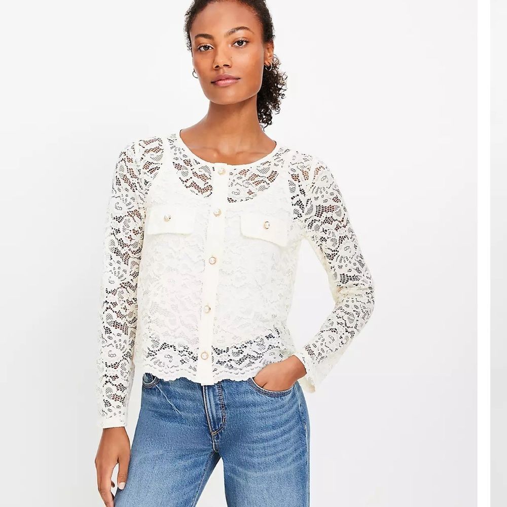 LOFT XL Ivory Cream Beige Lace Jacket Style Button Front Long Sleeve Top